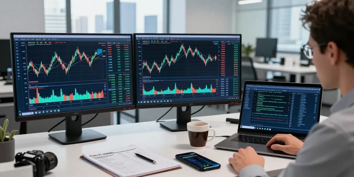 Traders using MetaTrader 4 in modern financial workspace with charts and analytics.