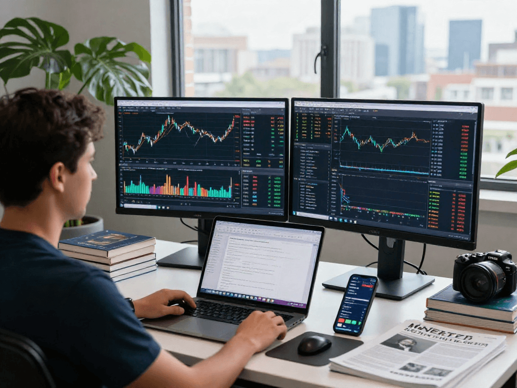 使用TradingView进行股票和加密货币分析的交易员在现代办公桌前,实时监控市场动态。