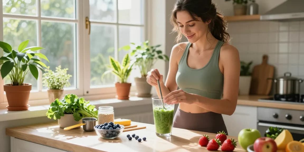 Young woman preparing a smoothie with natural antioxidant supplement ingredients in a bright kitchen.
