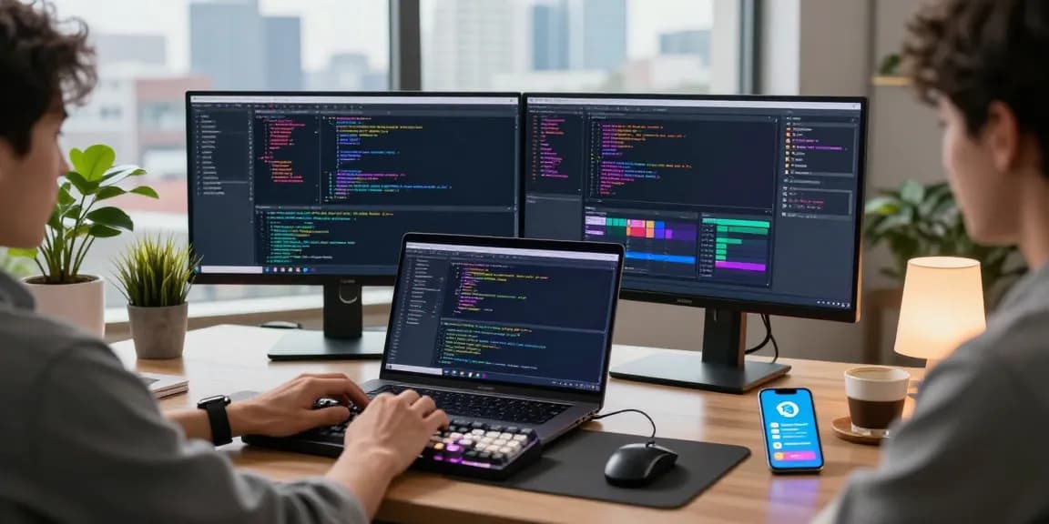 Dynamic coding scene featuring 纸飞机中文版 on multiple screens in a modern workspace.