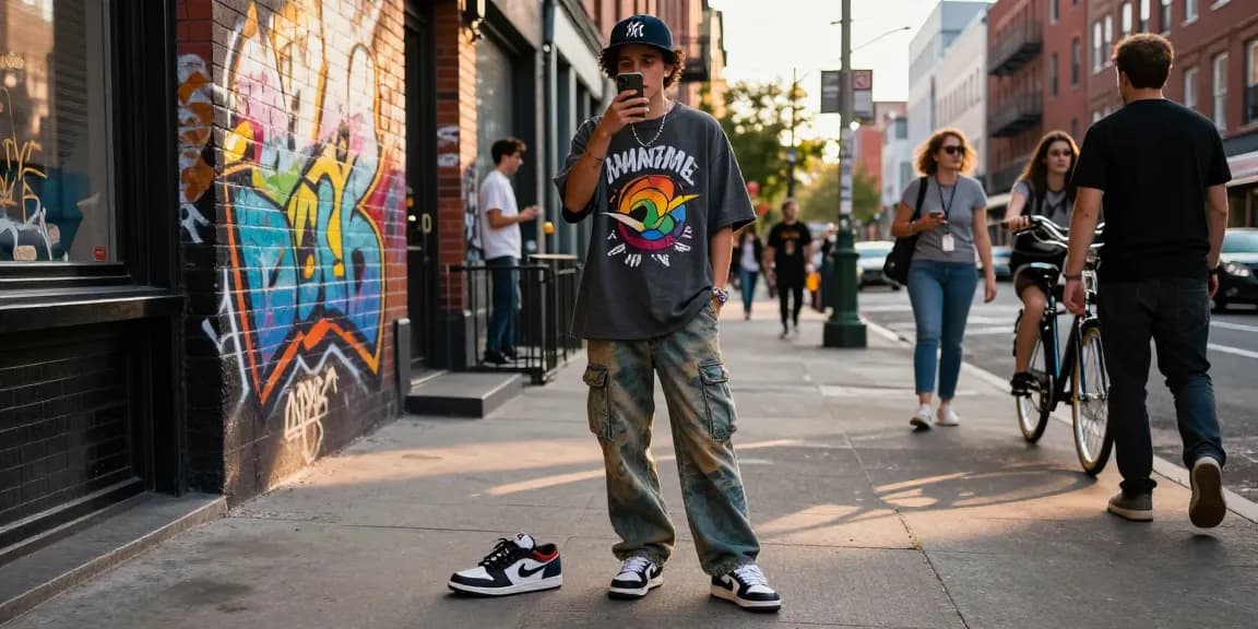 Stylish urban fashion scene showcasing rokok88 streetwear trends with vibrant graffiti backdrop.