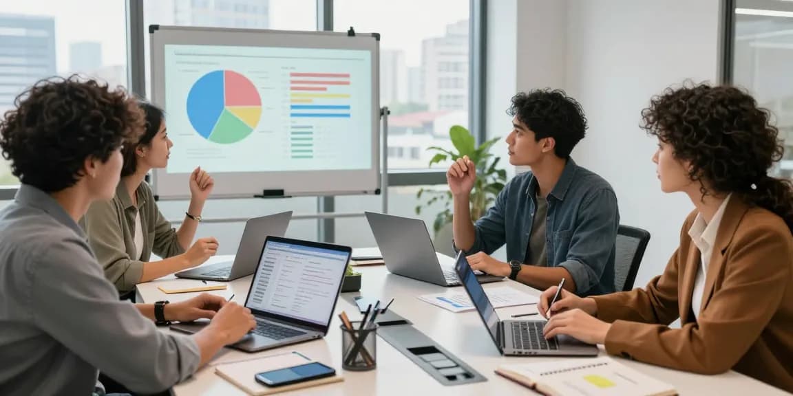 Brainstorming marketing strategies in a vibrant office scene at https://factors.org.uk, showcasing a dynamic team collaborating with data visualizations.