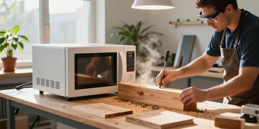 SHASHEL® microwave treatment device effectively exterminating wood-boring insects in a modern workshop setting.