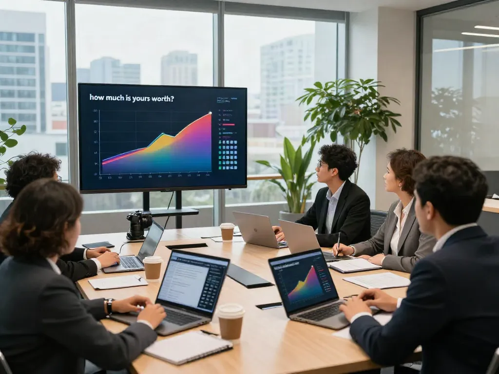 Business team calculating together "how much is yours worth?" in a modern meeting room.
