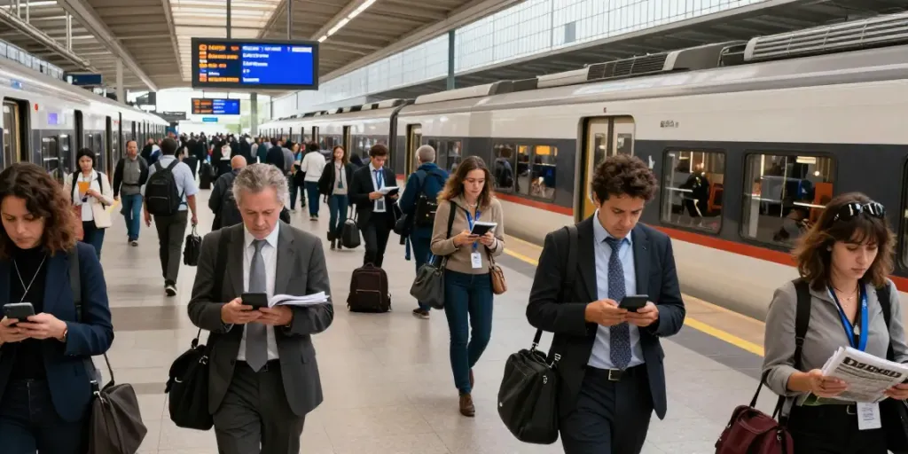Commuters checking updates on train strikes at a busy urban station.