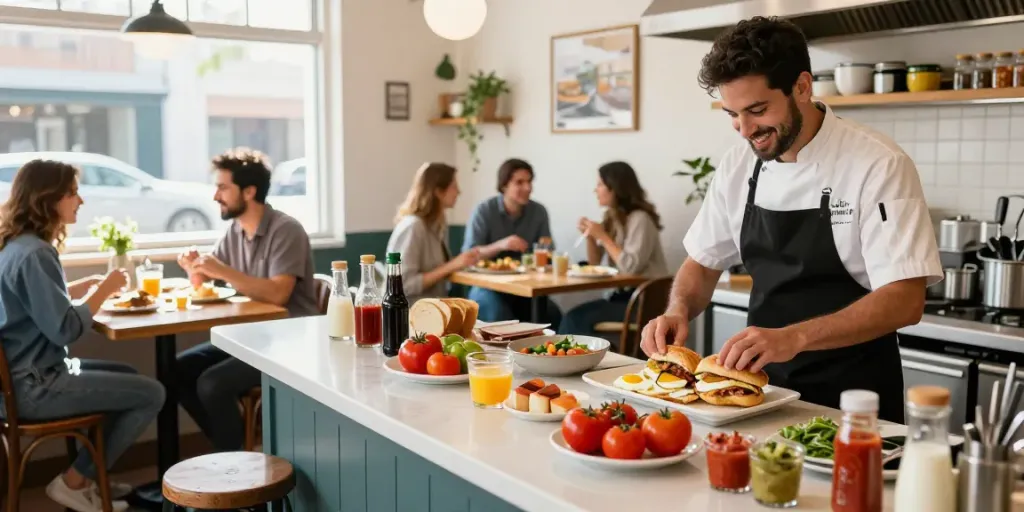 Delicious breakfast near me (Austin Texas area) featuring NYC-inspired sandwiches and fresh ingredients in a cozy café setting.