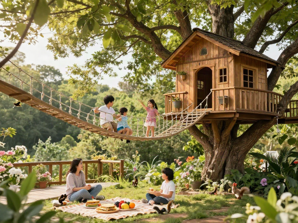 A vibrant family enjoying tree house life, playing on rope bridges and relaxing in a lush outdoor setting.