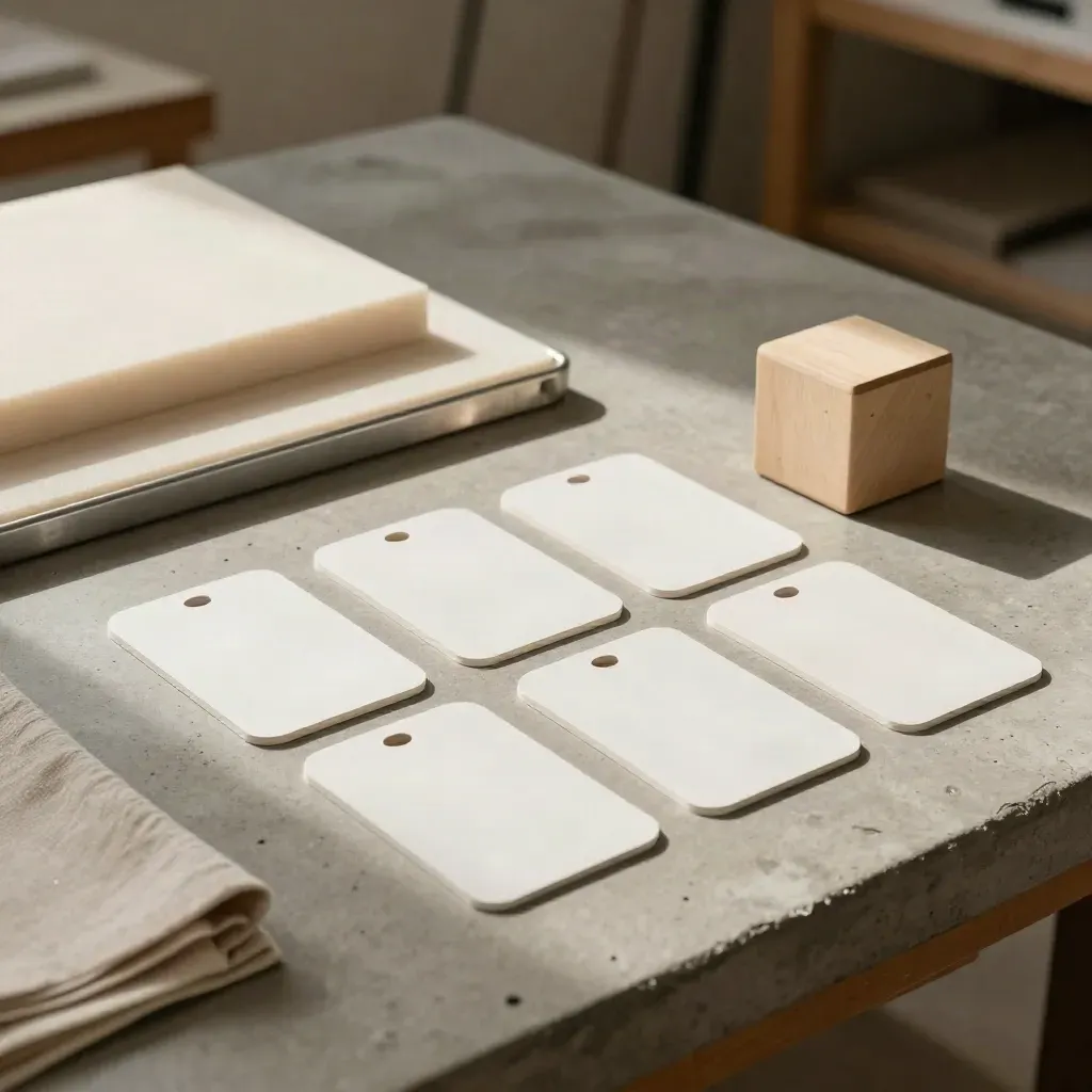 Blank app cards, prototype shell and wood cube on concrete bench in warm window light.