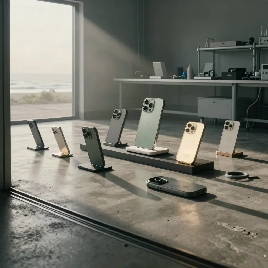 App academy lab with prototype phone dock, acrylic panels, and moody sunrise light