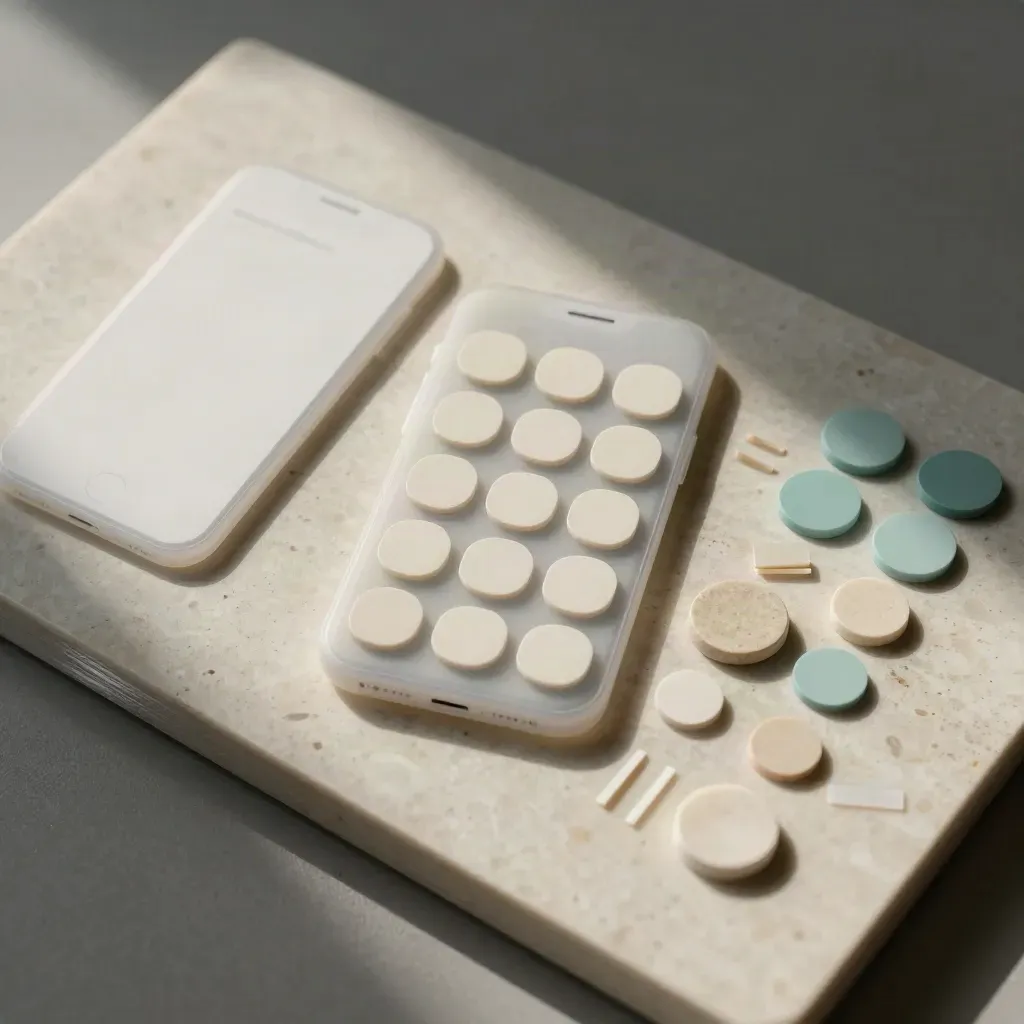 Top-down layout of frosted phone-frame templates, rounded button blanks, and cream-teal color chips.