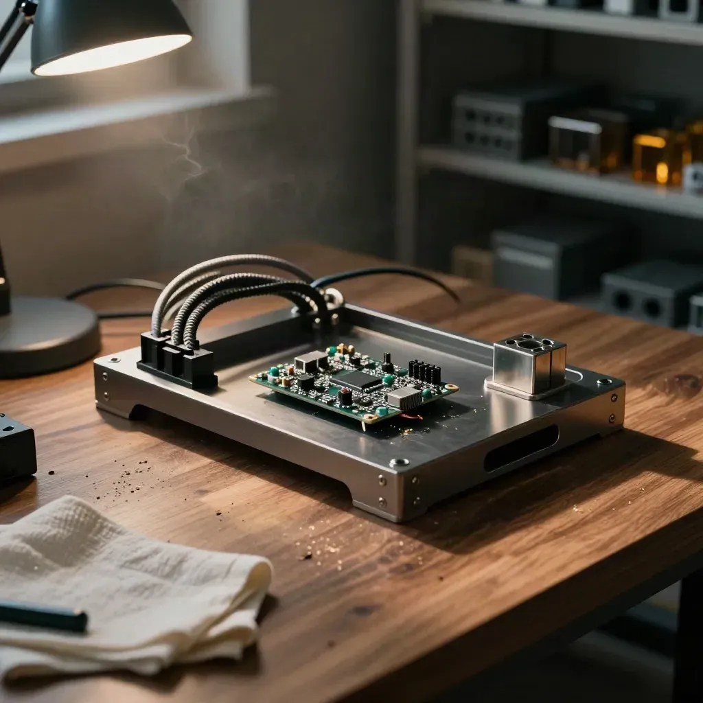 Prototype chassis and dev-board assembly glowing on a walnut workbench in warm afternoon light.