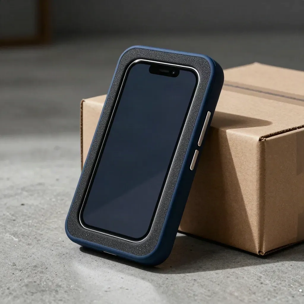 Macro of a booking-app prototype nestled in foam beside a sealed shipping box, lit dramatically.