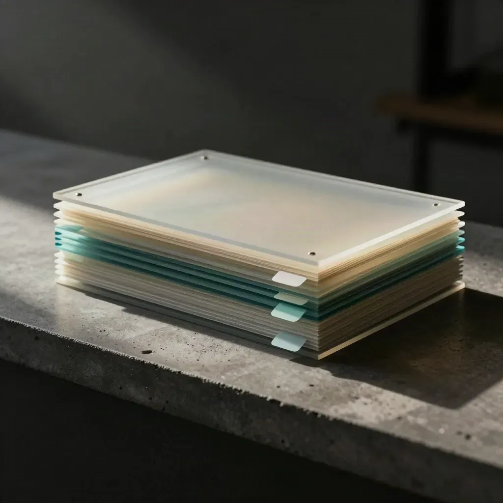 Frosted acrylic review sheets with teal tabs and a prototype corner on a dark concrete ledge