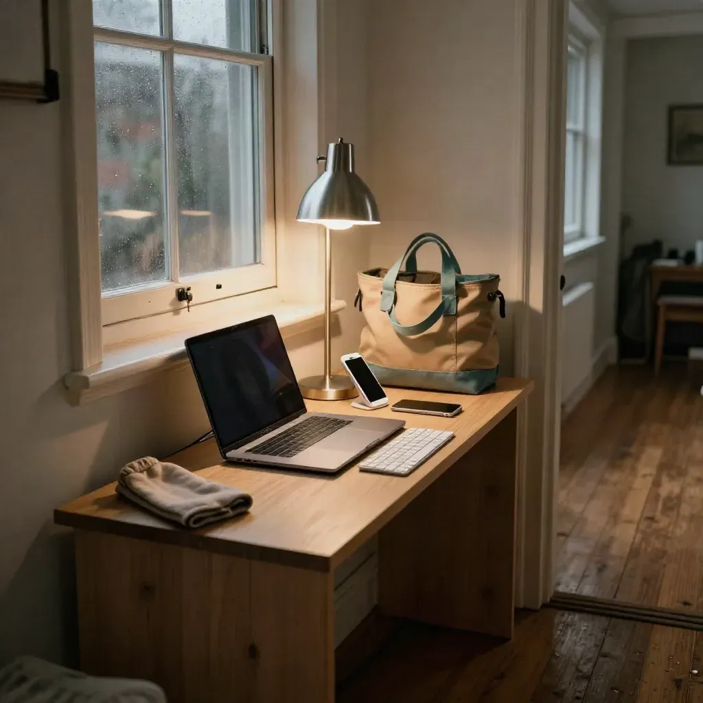 Quiet entry nook workstation with a closed laptop, lamp glow, and work tote by a doorway.
