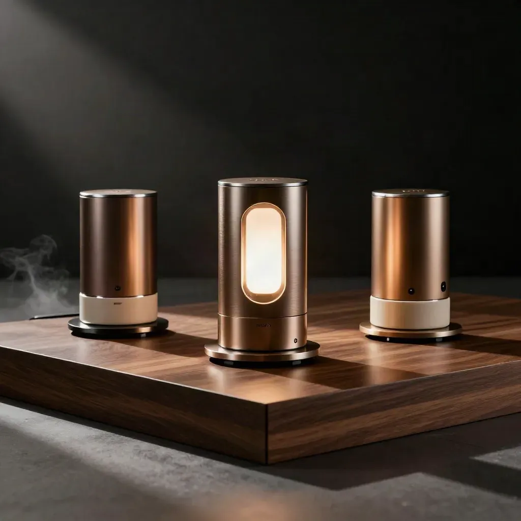 Three glowing prototype devices on a bronze riser in a dramatic live demo setup.