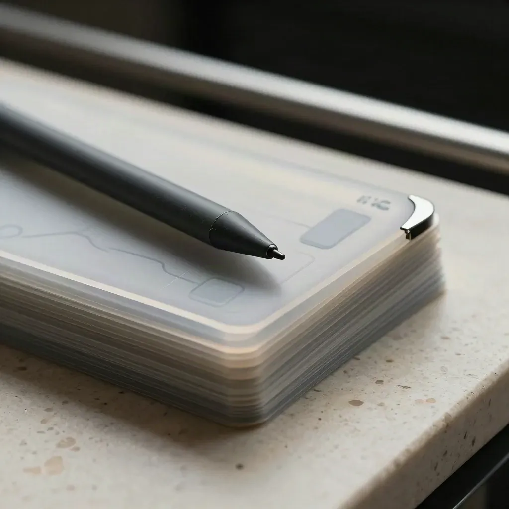 Macro still life of app-flow cards, stylus, and a worn prototype edge on travertine