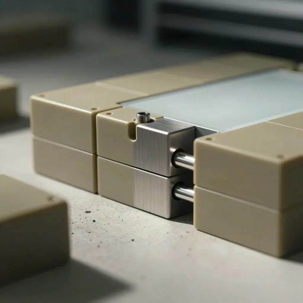 Macro of modular app blocks and connector pins joining beside a frosted white tile on a concrete bench.