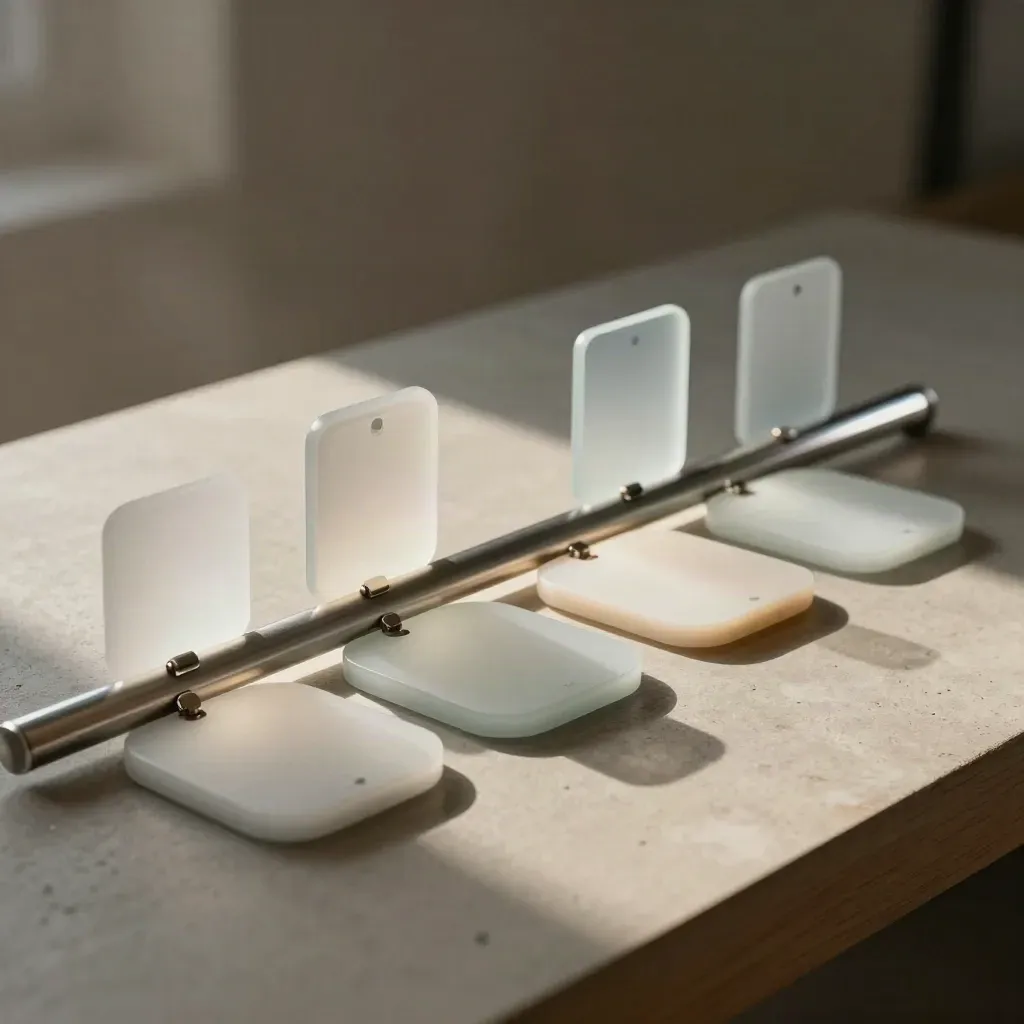 Rounded app interface slabs under a curved light strip on a pewter rail.