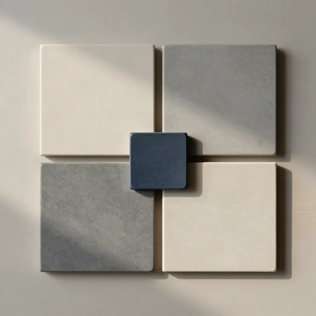 Top-down flatlay of app-path tiles with a central selector stone on pale wood.