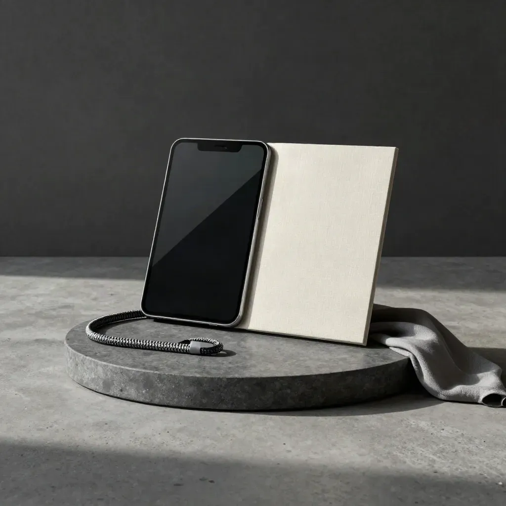 Stone tray with app mockup shell, certificate folder, and cable loop on a concrete surface.