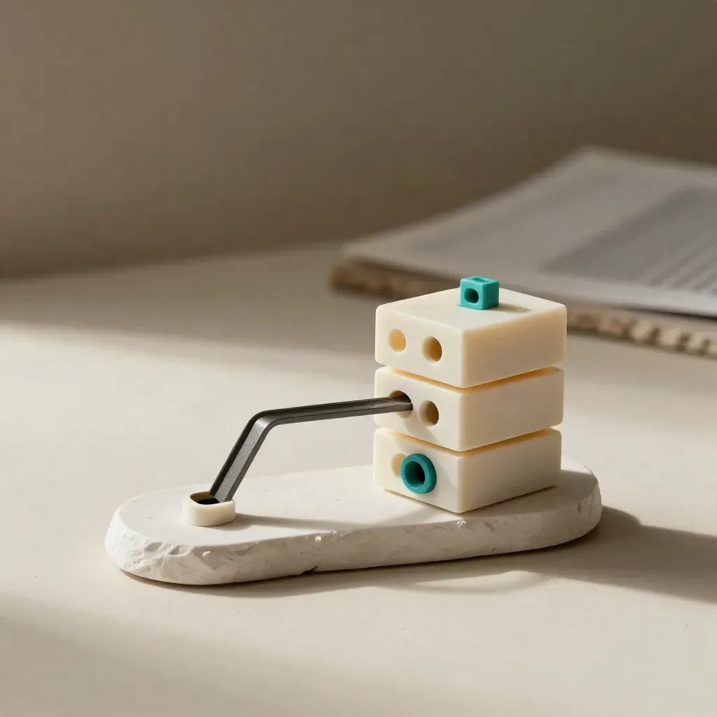 Prototype app shell blocks with graphite bridge on a plaster sweep, lit softly from one side.