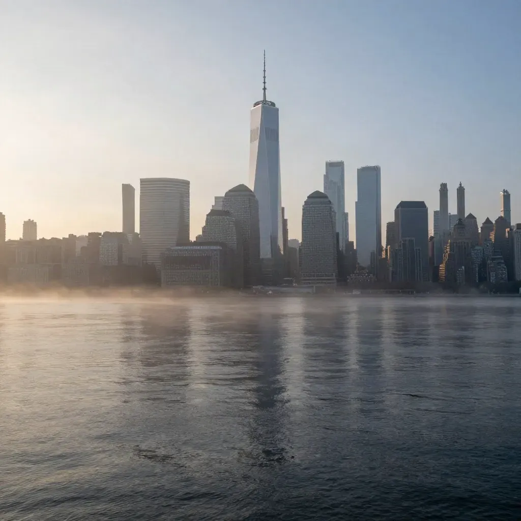 Lower Manhattan skyline at dawn over misty river water, wide and atmospheric.