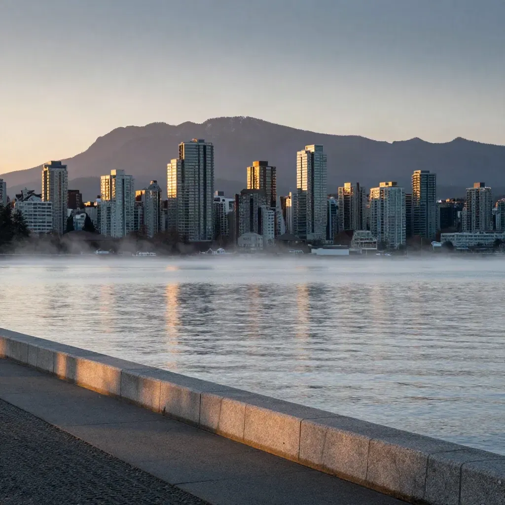 Vancouver skyline and mountains in golden fog above a calm misty waterfront