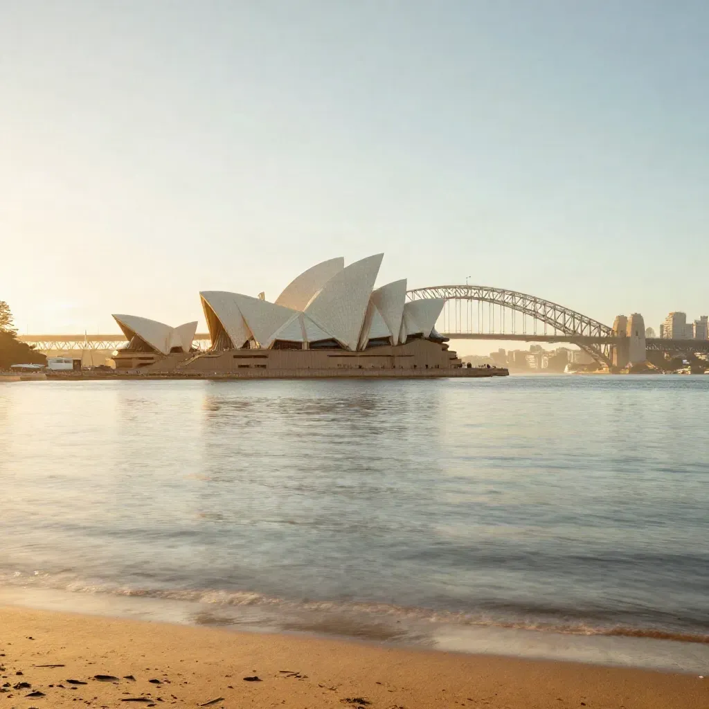 Sydney Harbour sunrise with the Opera House and bridge above calm misty water