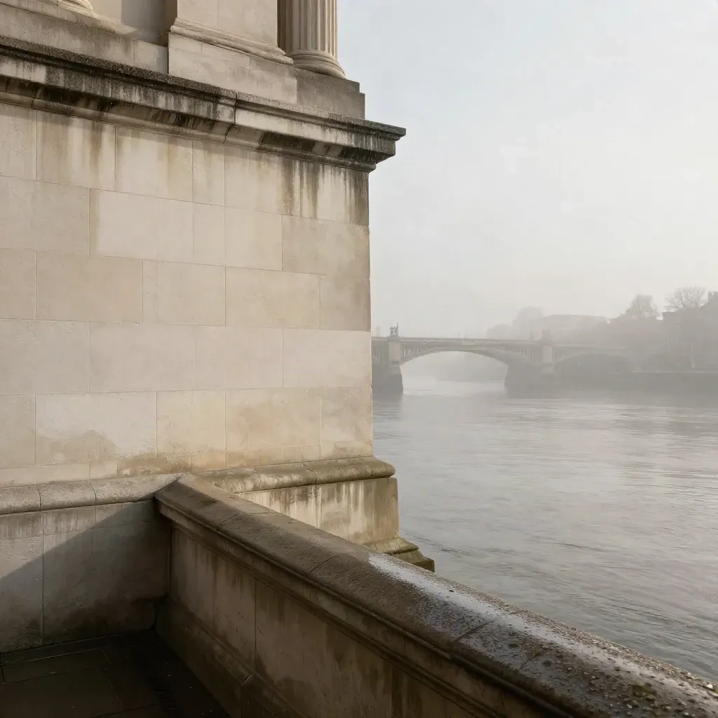 Pale limestone London riverfront in fog with a distant bridge above a calm misty Thames.