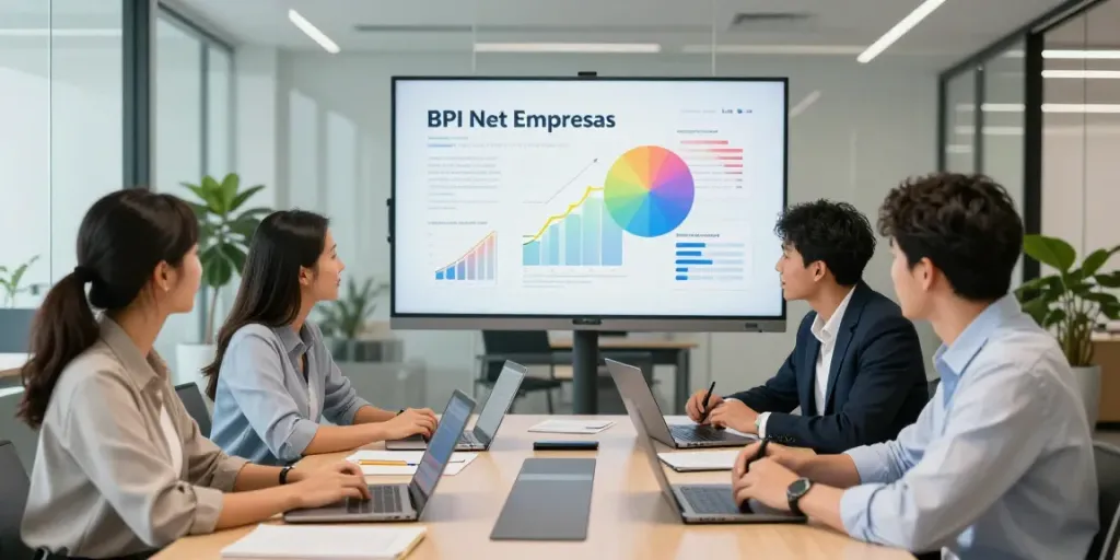 BPI Net Empresas team collaborating in a modern office workspace.