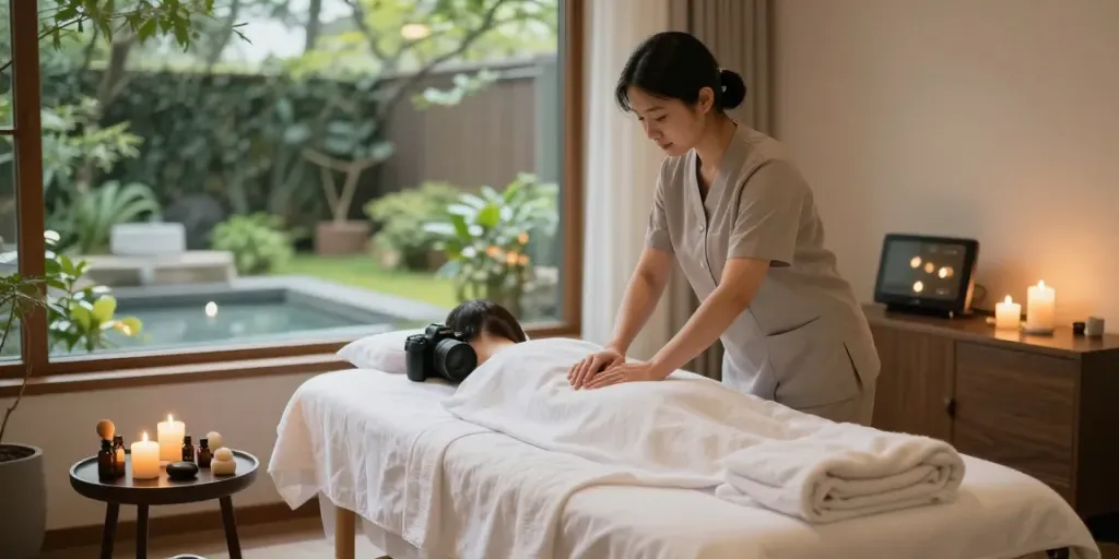 Relaxing therapy room for 발산출장마사지 with calming atmosphere and professional setup.