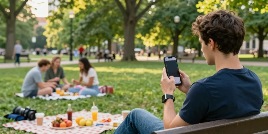 Individual using insanony to view Instagram stories anonymously in a park.