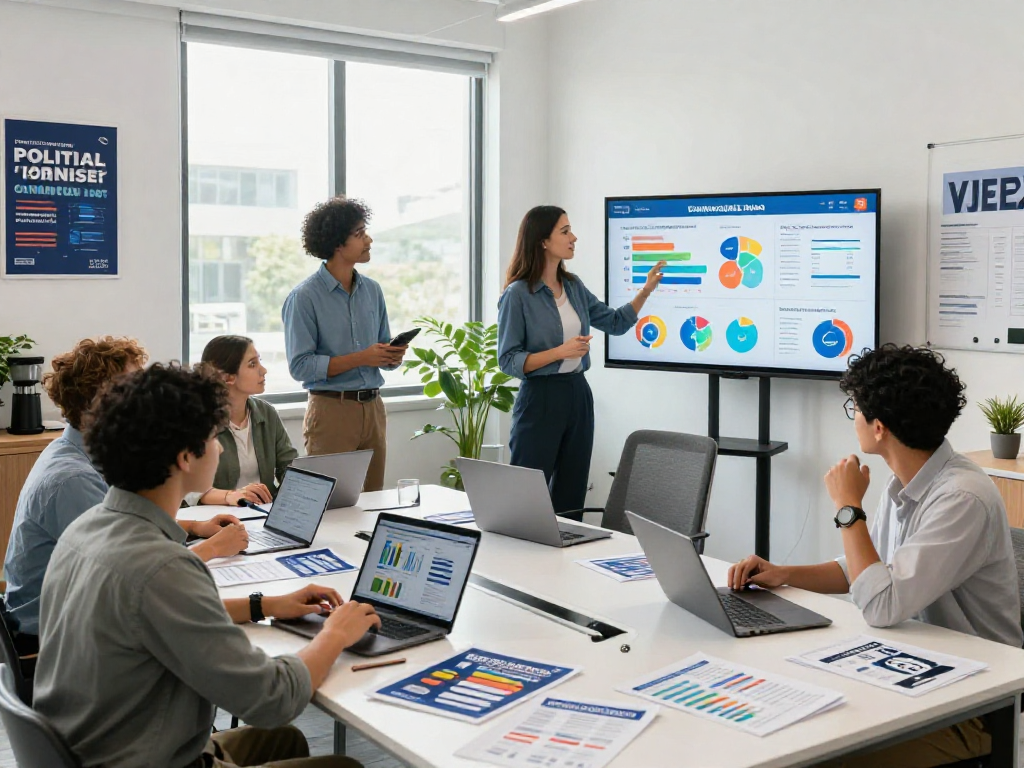 Political campaign team collaborating on voter engagement analytics in modern office