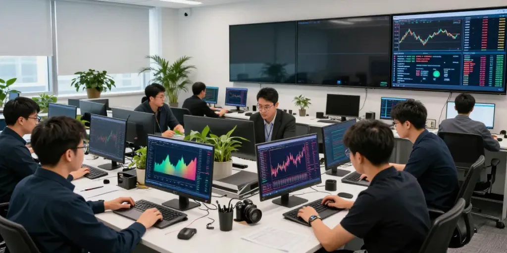 Real-time stock data API interface displayed in a modern trading office with collaborative traders.
