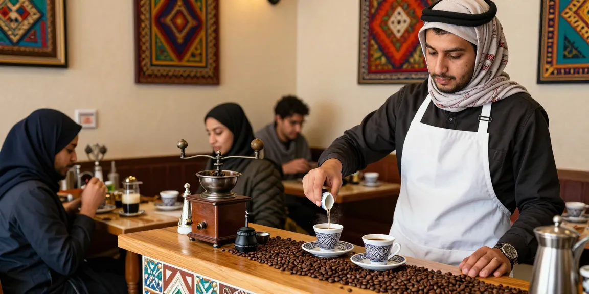قهوجيين يحضرون القهوة العربية في مقهى تقليدي مريح